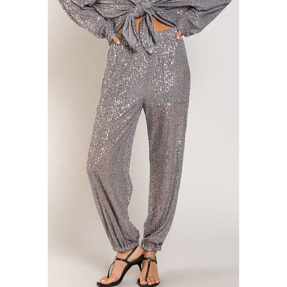 POL CLOTHING Sequin Sparkle Pants Relaxed Fit Grey Cute New SMP496